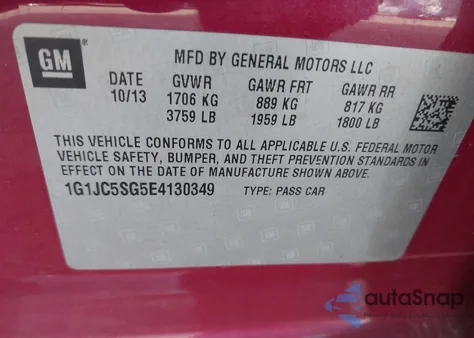 2014 Chevrolet Sonic Lt Auto z USA, uszkodzony, nr VIN 1G1JC5SG5E4130349